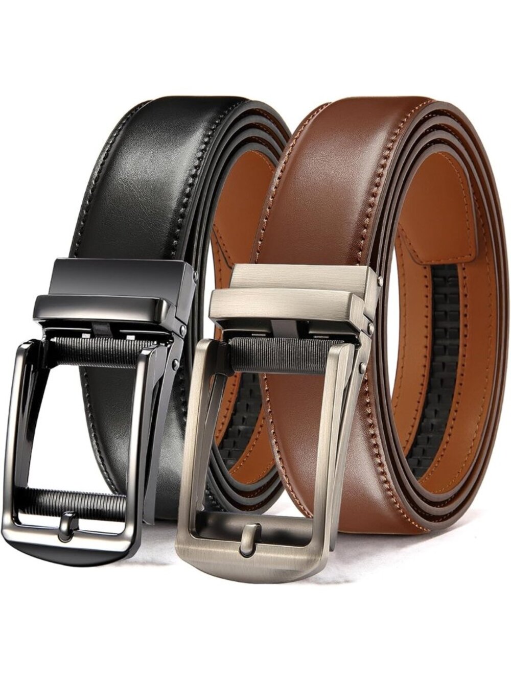 Men's Adjustable Ratchet Leather Belt 2-Pack, Comfort Click Slide Buckle, Casual